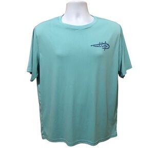 Reel Life Men’s Performance Fishing Shirt L/XL Aqua Blue USA Flag Graphics GUC